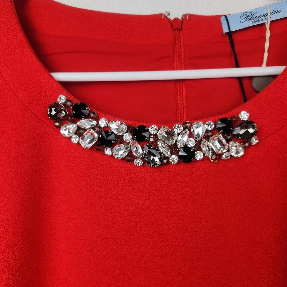 Blumarine Red Shift Dress Rhinestone Neckline 3/4 Sleeve Size 6 NWT Pockets - Picture 2 of 12